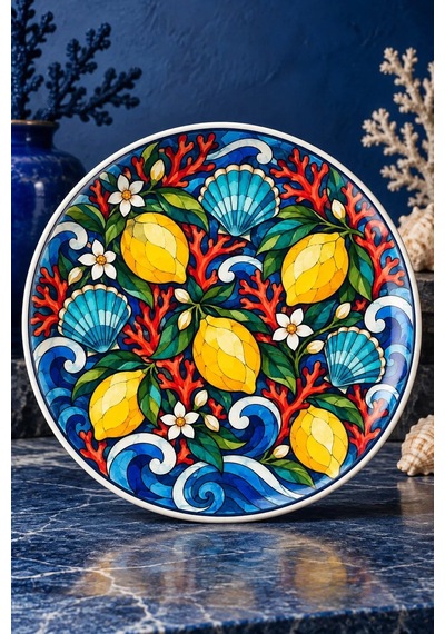 Dekoratif Duvar Tabağı Limonlu Vitray Bahçesi Dekorlu Seramik Tabak Mavi