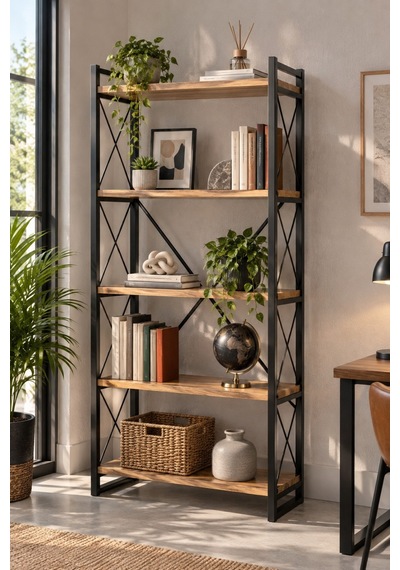 Sulorahome 5 Raflı Metal Kitaplık Ceviz Desenli 180 Cm