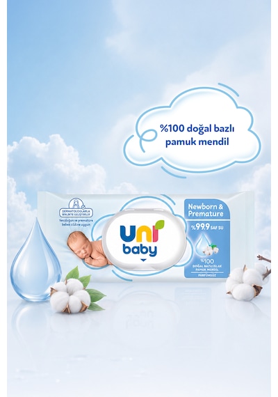 Uni Baby Newborn & Premature Yenidoğan Islak Pamuk Mendil 12x40 480 Yaprak 12'li Set