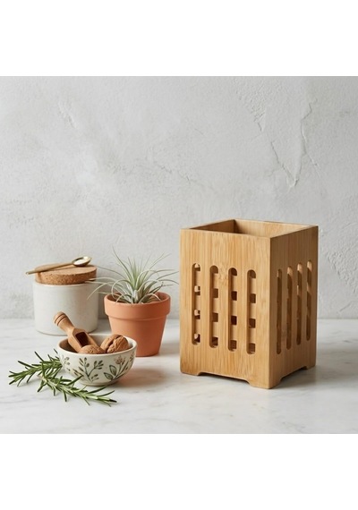 Bambu Kaşıklık, Mutfak Tezgahı Düzenleyici, Doğal Ahşap, 10x10x14 Cm Çok Renkli