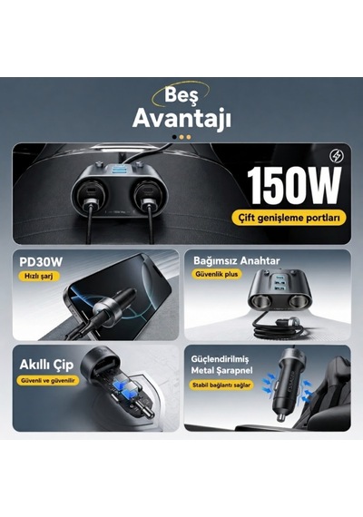 Essager 150w Araç Çakmaklık Çoklayıcı 2 Çakmaklık + 3 Usb-a + 2 Type-c 30w Hızlı Şarj 12v-24v Uyumlu