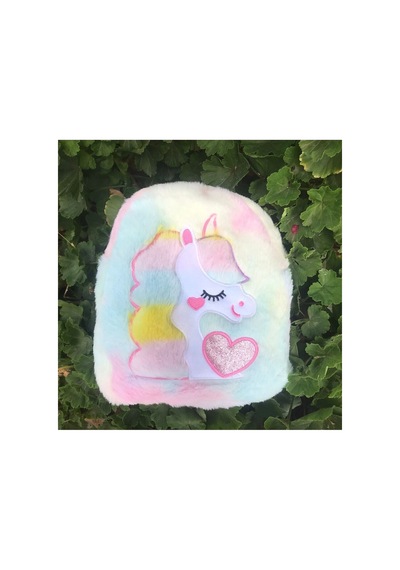 Unicorn Desenli Peluş Sırt Çantası Mavi Çok Renkli