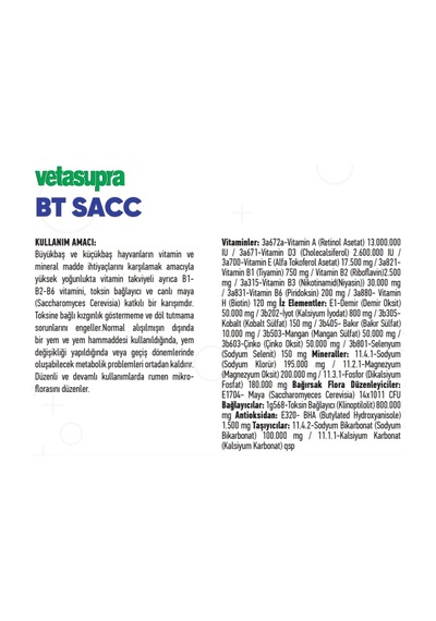 Vetasupra Bt-sacc 25 Kg Kraft Canlı Maya Alaşımlı Vitamin-mineral Içerikli Hayvan Yem Katkı Maddesi