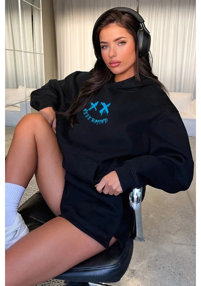 Unisex Kapüşonlu Sweatshirt - Relax Baskılı Oversize Hoodie Siyah