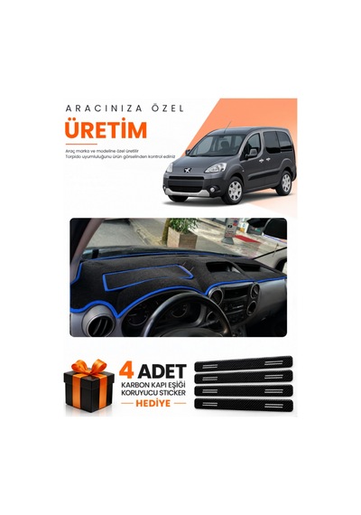 Peugeot Partner Kapaklı 2010-2014 Uyumlu Torpido Koruma Örtüsü Oto Kılıfı - Siyah Mavi
