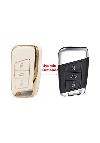 Volkswagen Passat B8 Skoda Superb Kodiaq Uyumlu Smart Kumanda Kılıfı Oto Anahtarlık Beyaz - Gold