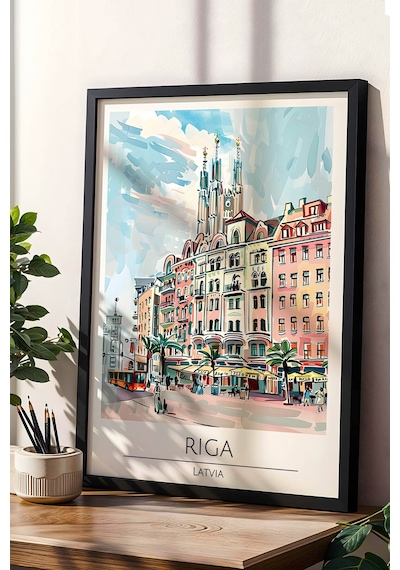 Letonya Riga Temalı Çerçeveli Tablo Travel Serisi Modern İllüstrasyon Şehir Duvar Dekoru Siyah