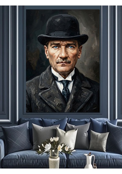 Melon Şapkalı Mustafa Kemal Atatürk Portresi Dekoratif Kanvas - Mdf Ahşap Tablo Çok Renkli
