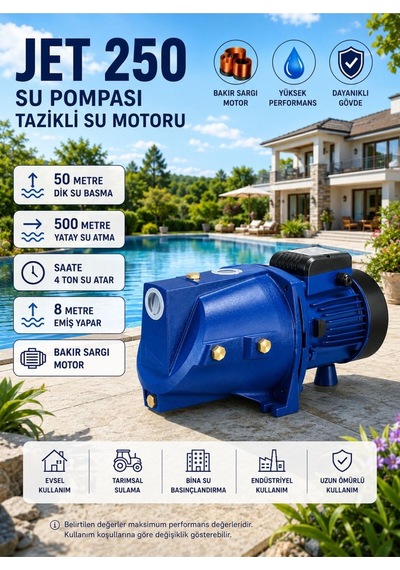 Bakır Jet250 Yüksek Basınçlı Kendinden Emişli Su Motoru 8 Mt Emiş 50 Mt Dik 500 Mt Yatay Su Basar 4 Kat Daire İçin B