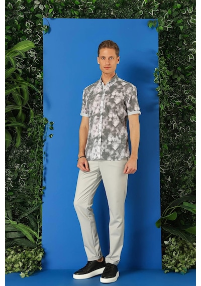 Efor Slim Fit Düğmeli Yaka Batik Desenli Kısa Kol Pamuk Gri Gömlek G 1502 Gri
