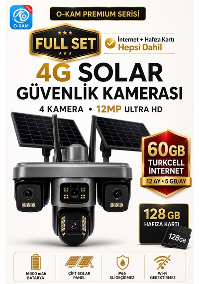 O-kam 335set3 12mp 4 Kameralı 4g Çift Solar Panel Gece Görüş 60gb 12ayx5gb Turkcell +128gb Hafıza