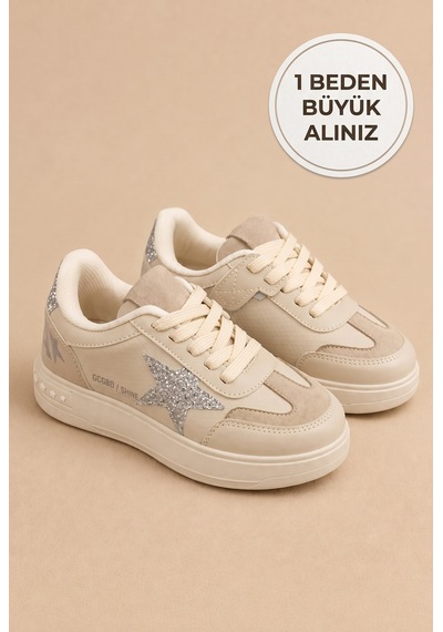 Ht Hotin Zoom Çocuk Yıldız Detaylı Günlük Sneaker Rahat Tabanlı Bağcıklı Spor Ayakkabı - Bej