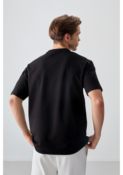 Air Jones Tommy Life Siyah Pamuklu Kalın Yumuşak Dokulu Oversize Fit Basic Erkek T-shirt - 88378 Siyah