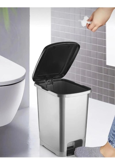 Umbex Pedallı 40 Litre Gri Banyo Mutfak Çöp Kovası Çöp Kutusu Siyah Kapaklı Siyah