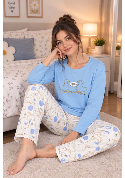 Genel Pamuklu İnterlok Kadın Pijama Takımı Açık Mavi