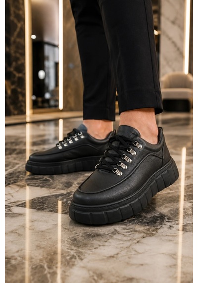 Mevese Duolc Bağcıklı Cilt Erkek Günlük Rahat Taban Sneaker Ayakkabı - Siyah