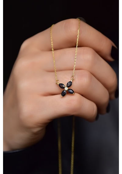 925 Ayar Gümüş Gold Kaplama Siyah Zirkon Taşlı Plumeria Kolye UVPTS100431-4