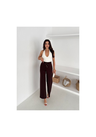 Gugus Kadın Bol Paça Modal Eşofman Altı Taşlı Wide Leg Model Kahverengi