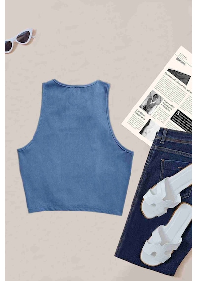 Merry See Tek Renk 1 Adet Kadın Kolsuz Örme Kumaş Bluz Crop Mavi 001