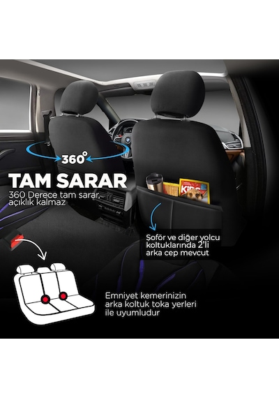 Panda Pars Serisi Deri Oto Koltuk Kılıfı - Mavi - Siyah
