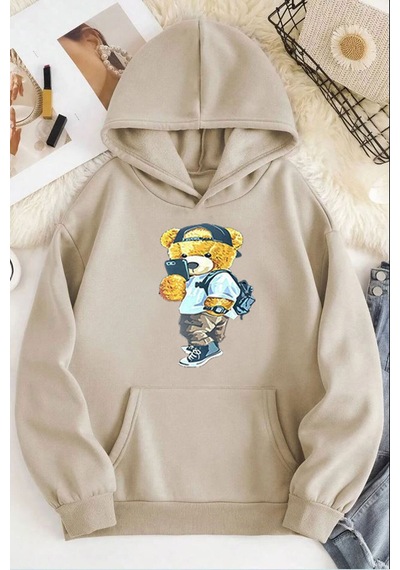 Medinenur Peluş Ayı Baskılı Kapüşonlu Sweatshirt Bej