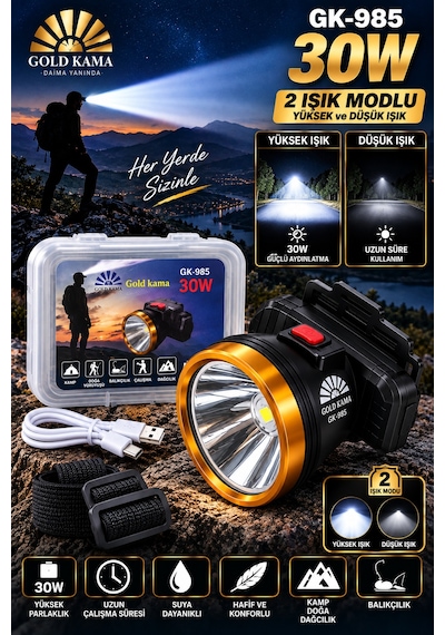 Goldkama Gk-985 Şarj Edilebilir 30w Yüksek Güçlü Led Kafa Lambası Uzun Menzilli, Güçlü Aydınlatma Ve Uzun Süreli Kullanım Siyah