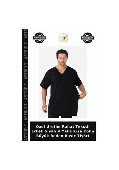 Astrid T Özel Üretim Rahat Tekstil Erkek Siyah V Yaka Kısa Kollu Büyük Beden Basic Tişört