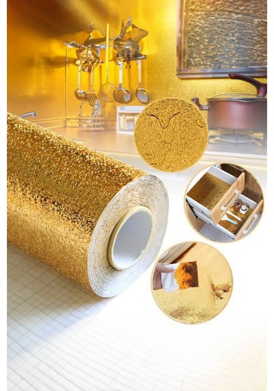 Mobee Estetik Gold Mutfak Folyosu Yapışkanlı, Kolay Temizlik Şık Görünümlü Folyo 1m X 40cm