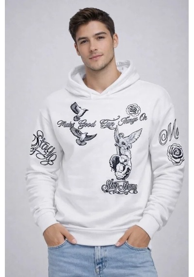 Defymoda Erkek 3 İplik Pamuklu Kapüşonlu Baskılı Sweatshirt Hoodie - Beyaz
