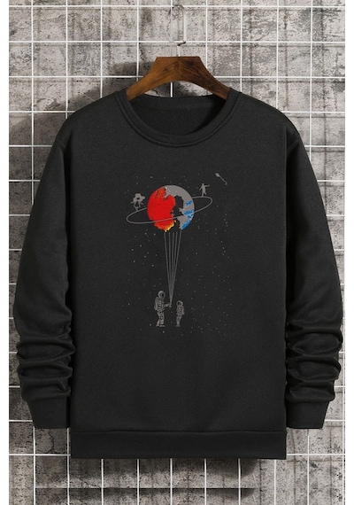 Unisex Evren Temalı Bisiklet Yaka Sweatshirt Siyah