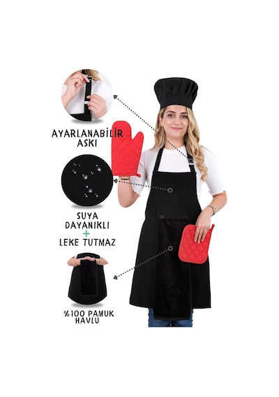 Star Ayar Askılı 5li Mutfak Önlüğü Seti Ayar Askılı Havlulu Önlük, Şapka, Eldiven, Tutacak Siyah-siyah-kırmızı