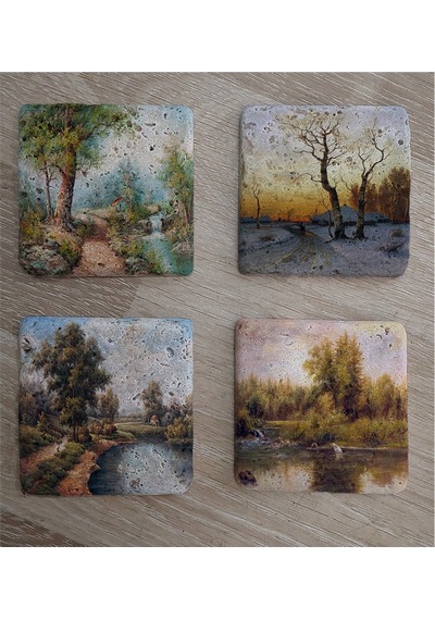 Doğa Manzarası Doğal Taş Bardak Altlığı 4'lü Set - Natural Stone Coasters - Taş Çok Renkli