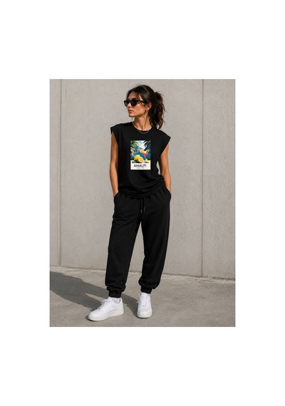 Herkesemoda Amelfi Baskı Detaylı Sıfır Kol Bisiklet Yaka T-shirt Siyah