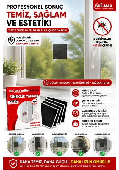 Kendinden Yapışkanlı Sineklik Yaması 4 Adet 10x10 Cm Sineklik Tamir Bandı Delik Yırtık Onarım Yaması