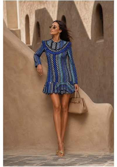 Store Bisiklet Volanlı Yaka Elbise Kollu Uzun Çok Renkli - 935915938 Çok Renkli