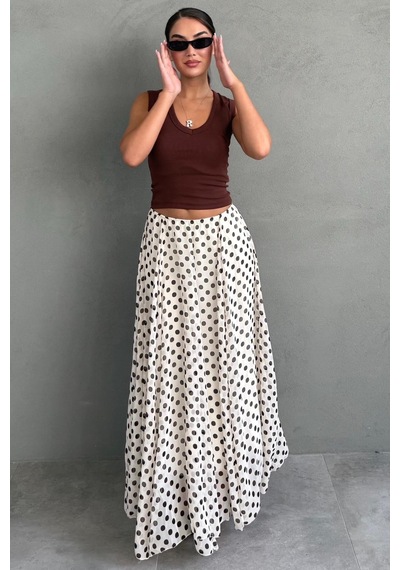 Madmext Bej Puantiye Desenli Vintage Şifon Maxi Etek Mg2776
