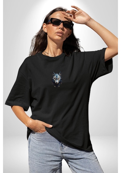 Mavi Kurt Robot Siyah Oversize Unisex Ön Orta Minimal Baskılı Tişört Siyah