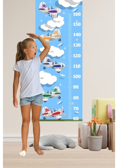 Uçaklar Kuşlar Ve Bulutlar Temalı Boy Ölçer Sticker Boy Ölçüm Cetveli