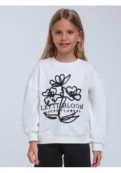 Kız Çocuk Çiçek Nakışlı Sweatshirt-14248 Beyaz