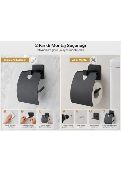 Kare Kapaklı Tuvalet Kağıtlığı Siyah, Yapışkanlı Ve Vidalı Montajlı Metal Wc Kağıtlık, Modern B