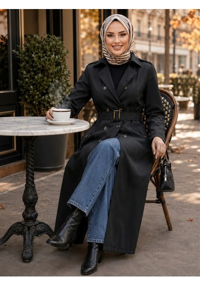 Hb Harma Time Butik Kadın Düğmeli Astarlı Kemerli Bondit Siyah Trenç