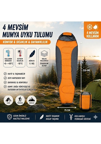 4 Mevsim Mumya Tip Uyku Tulumu -10 C Konforlu Kamp Uyku Tulumu Yıkanabilir Turuncu