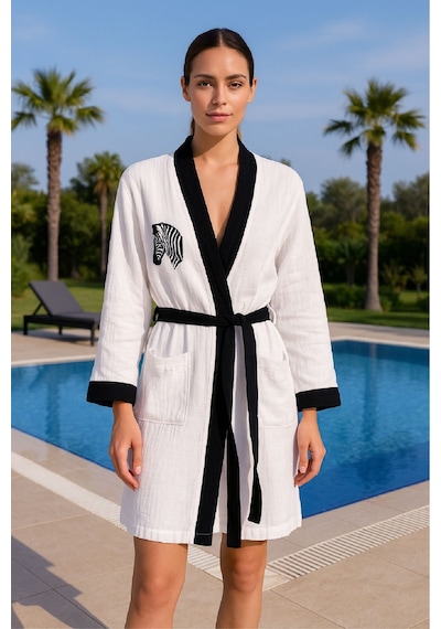 Baskılı Müslin Kimono Bornoz Unisex %100 Pamuk Yumuşacık 2 Katlı Doğal Kumaş - Ztmbb10 Siyah