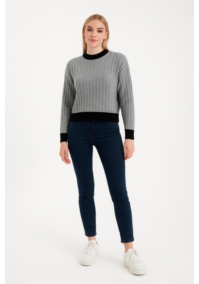 Hira Life Fashion Kadın Bisiklet Yaka Fitili Ve Şerit Detaylı Crop Triko Kısa Kazak Gri Gri