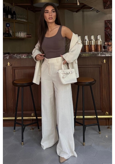 Madmext Ekru Yüksek Bel Keten Wide Leg Pantolon Mg2718