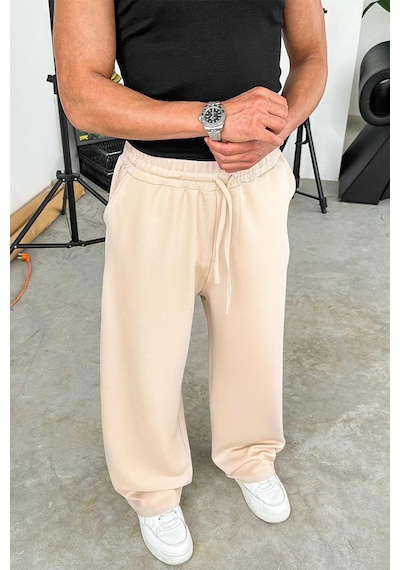 Bej Dokulu Basic Baggy Pantolon Bej