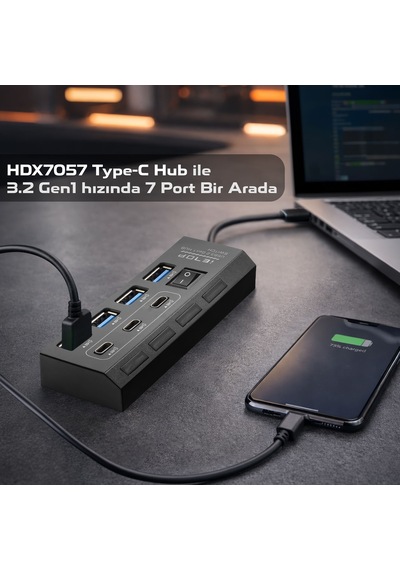 İetop Hdx7057 Type-c 3.2 Gen1 Anahtarlı Hub 7 Port 5 Gbps Siyah