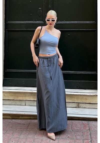 Madmext Füme Beli Lastikli Uzun Kadın Etek Mg1979 Füme