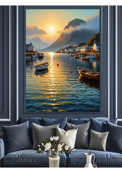 Ahşap Tablo Akşam Vakti Işıklı Sahil Şehri