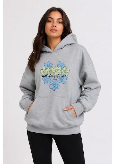 Herkesemoda Kalp Çiçek Baskılı Kapüşonlu 2 İplik Şardonlu Sweatshirt Gri